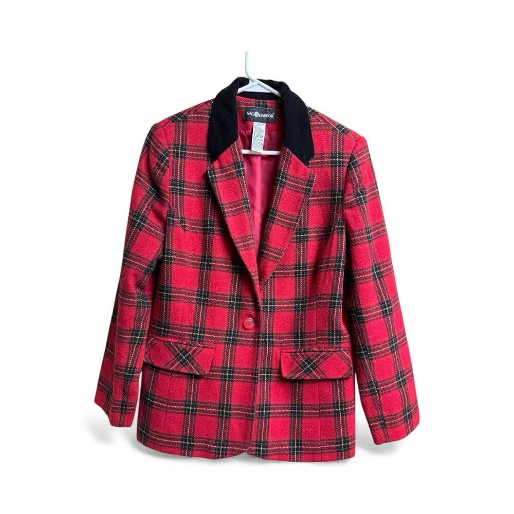 Sag Harbor Red Plaid Wool Blazer Black Collar Holiday Tartan Jacket Size 10